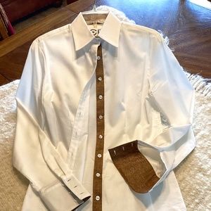 CR Ranchwear white fitted shirt with gold-flecked placket, Size S